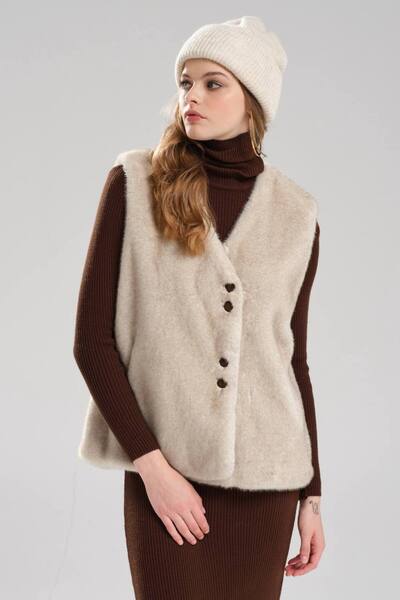 tw3 Kadın Kürk Önü Düğmeli İçi Astarlı Premium Kalite Tasarım Yelek