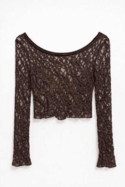 Mixray 2036 Kadın Uzun Kollu Dantelli Transparan Bluz Kahve