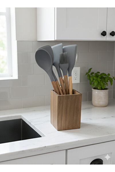 AAA Ahşap Standlı 5 Parça Silikon Mutfak Servis Seti - Isıya Dayanıklı Bambu ...