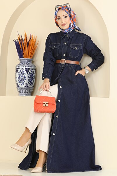 ModaMerve Deri Kemerli Kot Elbise 6136ORG1169-MS Koyu Kot