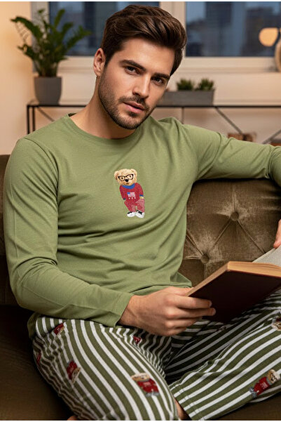 Siyah İnci haki Ayıcık Baskılı Çizgi Desenli Uzun Kollu Örme Erkek Pijama Takım 7959