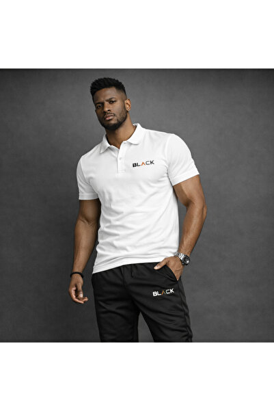 NOFLEN طقم بنطال رياضي أسود مطبوع مكون من قطعتين بياقة بولو