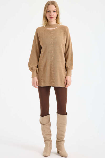 Sementa Sparkly Tunic Knit Sweater with Collar Detail - Camel