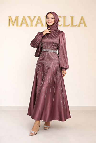 MayaBella İşlemeli Saten Tesettür Abiye