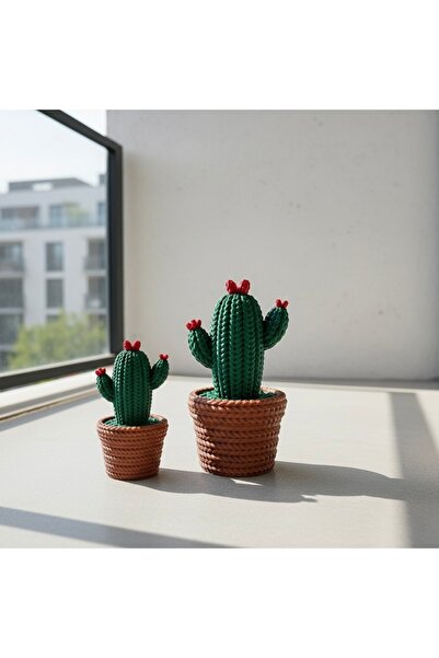 3DcraftTr Örgü Desenli Dekoratif 2'li Kaktüs Biblo Seti - 8cm ve 12cm Hediyel...