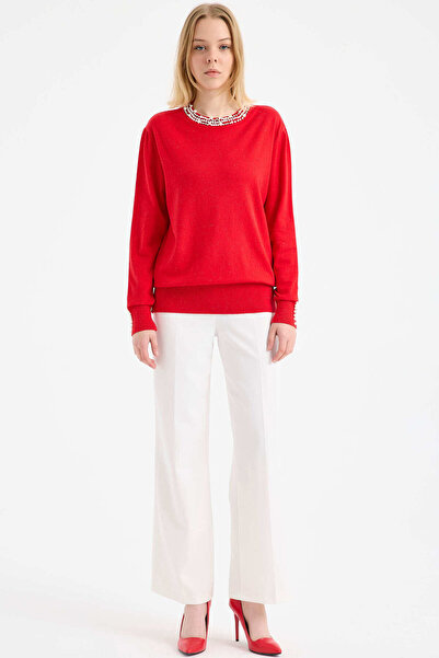 Sementa Pulover tricotat cu gât rotund cu detalii de perle - roșu