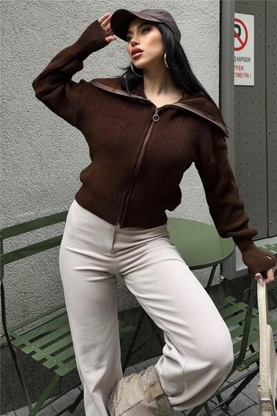 WeShaya Καφέ πλεκτό πουλόβερ / ζακέτα με φερμουάρ με κουκούλα