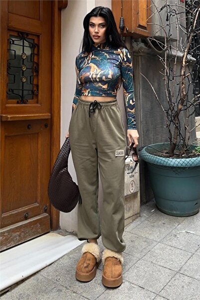 WeShaya Khaki High Waist Lace-Up Elastic Leg Trousers with Pockets Oversized Arma Detailed Sweatpants