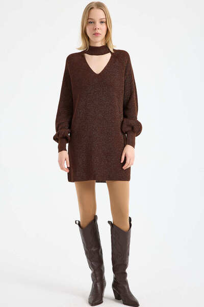 Sementa Half Turtleneck Detailed Tunic Knit Sweater - Brown