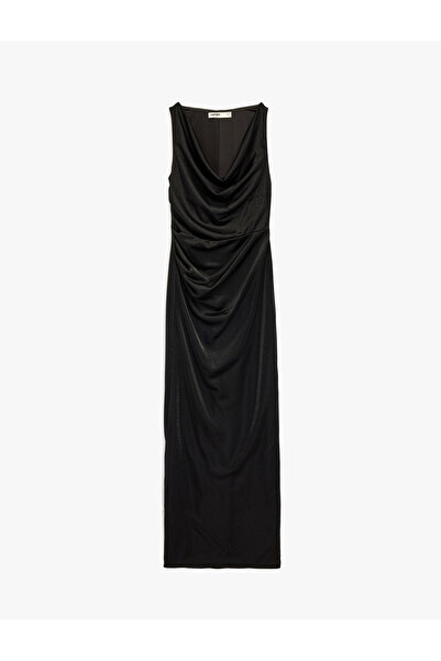 Koton Slim Fit Kayık Degaje Yaka Draped Sleeveless Glitter Long Evening Dress