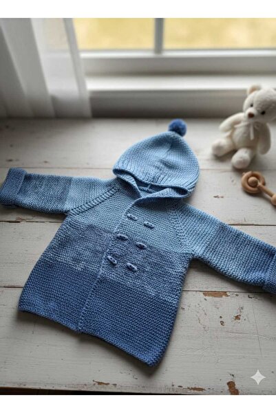 Okumuş Home El Örgüsü Bebek Hırkası Mavi Kapşonlu 12 - 18 Aylık