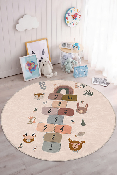 Realhomes Renkli Hayvan Temalı Yuvarlak Çocuk Odası Yıkanabilir Kaymaz Taban ...