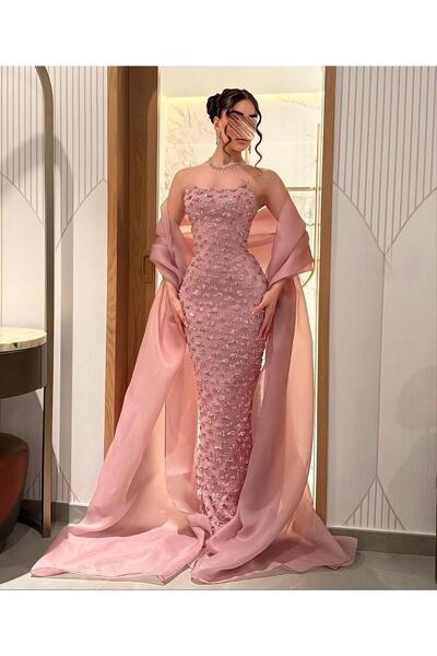 TREN Dusty Rose Embellished Mermaid Evening Dress Strapless Gown Sheer Organza Cape Formal Occasion