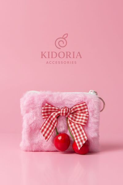 Kidoria Peluş Kiraz Detaylı Çocuk Bozuk Para Cüzdanı - Pötikare Fiyonklu Anahtarlıklı Cüzdan