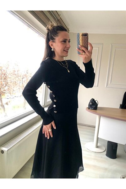 Gözde Tasarım Butik Women's Black Color Crocheted Sweater with Circular Neck ...