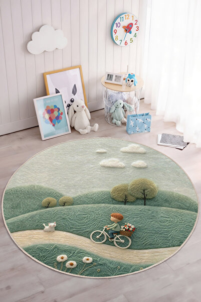 Realhomes Çocuk Odası İçin Bisiklet Temalı Yuvarlak Yıkanabilir Kaymaz Taban ...