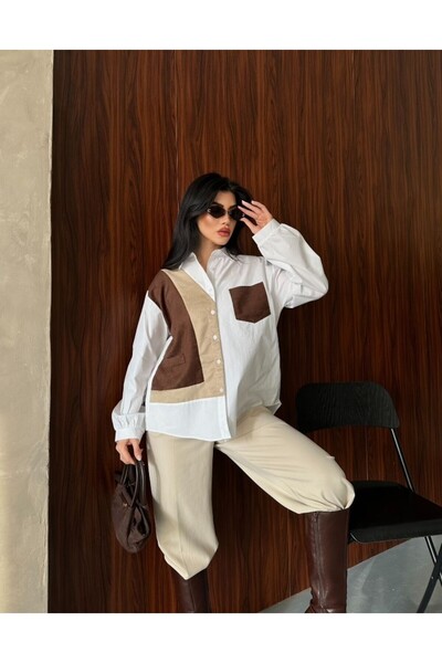 Dona Carmita Önü Düğmeli Uzun Kollu Oversize Kesim Süet Tasarım Gömlek