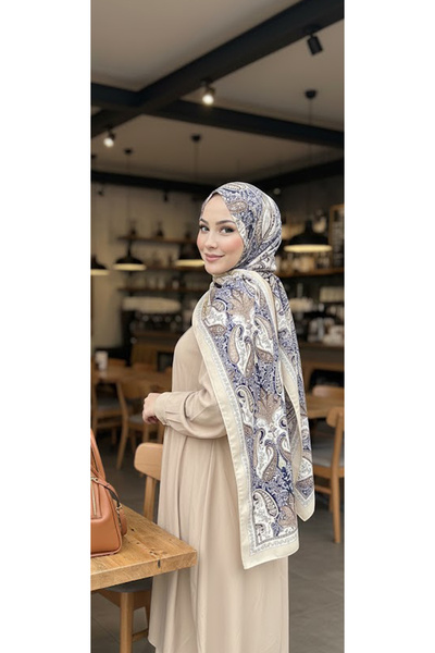 Püsküldükkan Etnik Desen Baskılı Soft Şal Bej-Laci