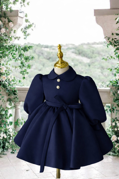 MUSGEM فستان سهرة للفتيات بتصميم خاص باللون الأزرق الداكن بأكمام طويلة لعيد ا...