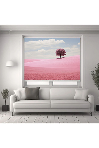 akel collection Baskılı Stor Perde Pembe Doğa Manzaralı Ağaç Desenli Dekorati...