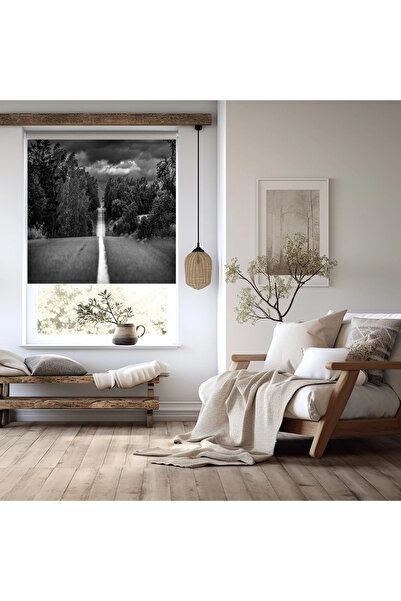 akel collection Baskılı Stor Perde Siyah Beyaz Yol ve Doğa Manzaralı Modern D...