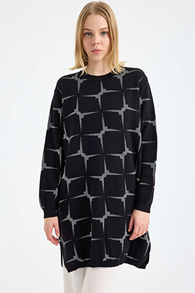 Sementa Zero Neck Geometric Glitter Tunic Knitwear Sweater - Black