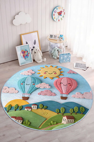 Realhomes Canlı Renklerde Sıcak Hava Balonları Temalı Yuvarlak Çocuk Odası Ha...