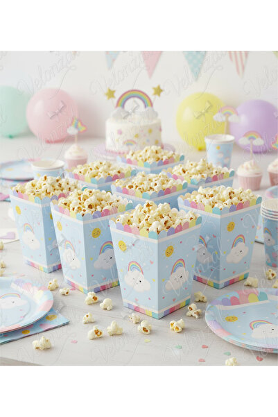 Gökkuşağı Bulut Temalı Patlamış Mısır (Popcorn)-Cips Kutusu-Doğum Günü-Parti-Kutlama-8 Adet