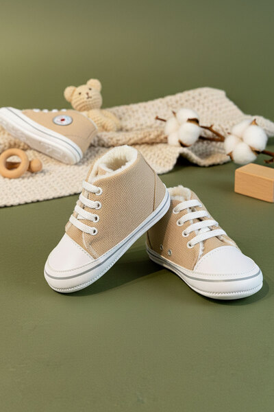 m montefair Keten Dış Yüzey İçi Welsoft Kürklü Bağcıklı Bebek Patiği - İlk Ad...