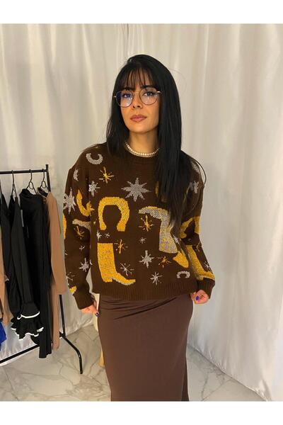 Butik Kadın Kahverengi Yılbaşı Kazağı Standart Beden Triko Kışlık Noel Desenl...