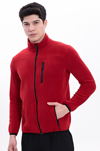freemen Jachetă pentru bărbați, roșie, cu guler în picioare, cu buzunar la piept, cu fermoar, călduroasă, din lână