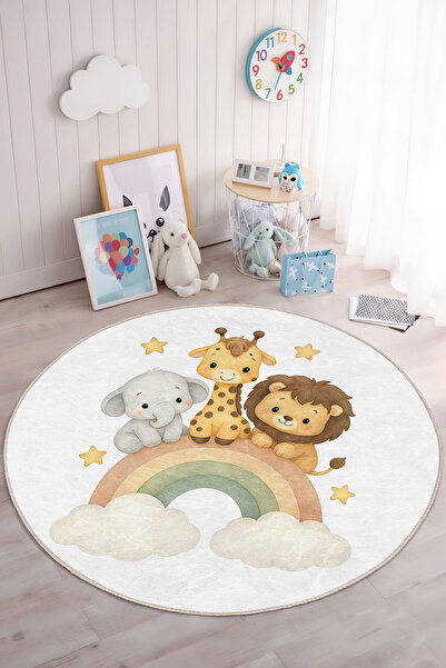 Realhomes Renkli Hayvanlar ve Gökkuşağı Desenli Yıkanabilir Yuvarlak Çocuk Od...