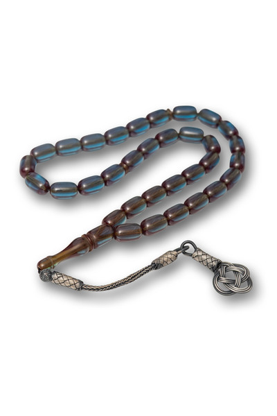 Generic Brand Silver Kazaz Tassel Capsule Cut Blue Crimped Amber Prayer Beads