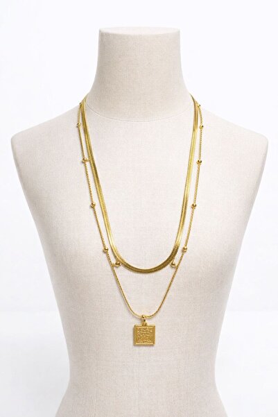 chuvojewelry Gold Çoklu Zincir Kare Madalyon Kolye