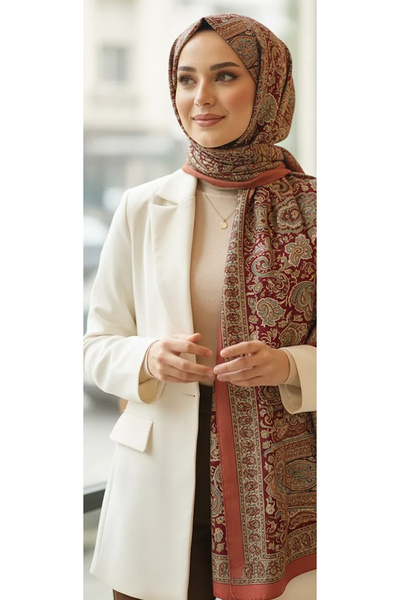 Püsküldükkan Etnik Desen Pamuk Soft Şal-Kiremit