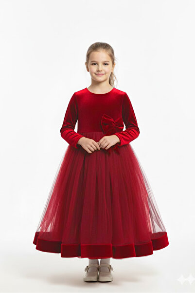 MODANINO Kız Çocuk Kadife Elbise-Tül Detaylı-Fiyonk Süslemeli 7-12 Yaş 12441