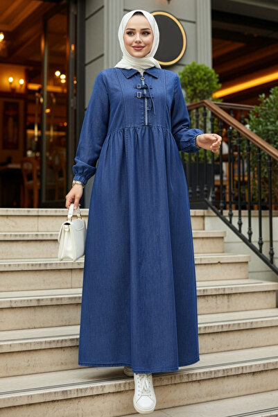 N.S NEVA STYLE Zipper Detailed Navy Blue Hijab Denim Dress 19157L