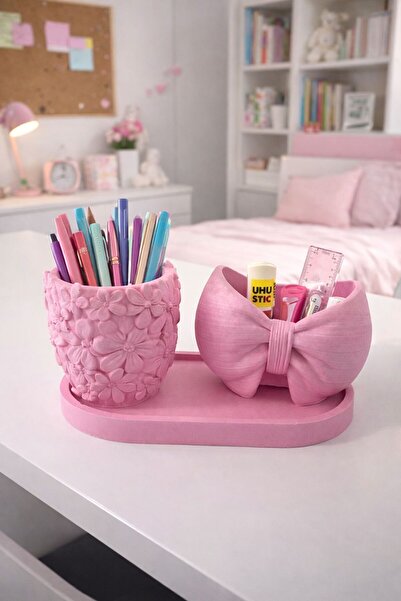 LİZA HOME DECORATION PembeMasaüstü Düzenleyici Set Çiçek & Fiyonk Detaylı Kal...