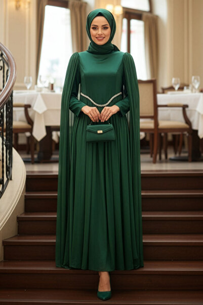 N.S NEVA STYLE Green Hijab Evening Dress with Cape Detail 6262Y