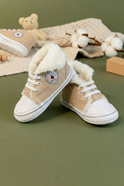 m montefair İçi Kürklü Bağcıklı Sneaker Tarzı Kışlık Bebek Patiği Yumuşak Tab...