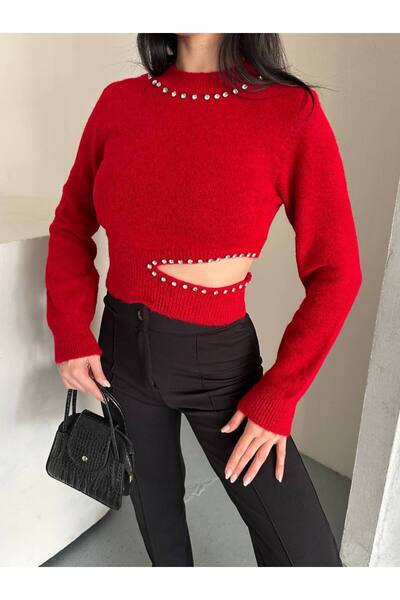 Lyuna Everybodys Etrafı Taşlı Bisiklet Yaka Bel Dekolteli Örme Triko Kazak