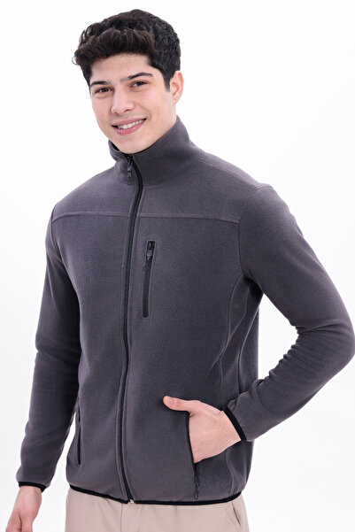 freemen Men's Anthracite Mock Neck Chest Pockets Zippered Warm Fleece Jacket