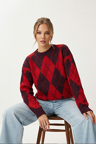 Happiness İstanbul Baklava Desenli Yün Efektli Kazak