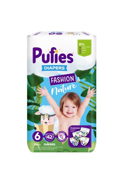 Pufies Set 2 x Scutece Fashion and Nature , Maxi Pack, 6 Extra Large, 13+ kg, 42 Bucati