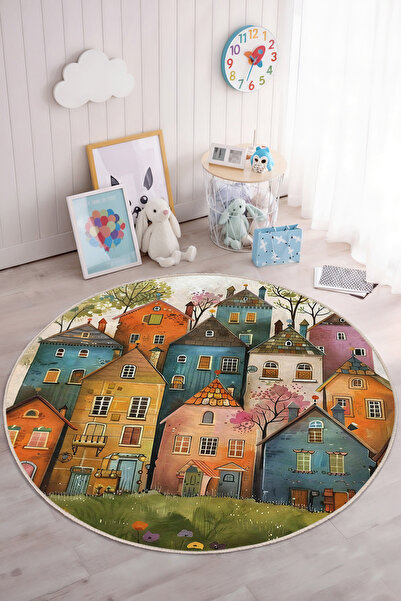 Realhomes Canlı Renklerdeki Ev Motifli Çocuk Odası Yıkanabilir Kaymaz Taban Halı