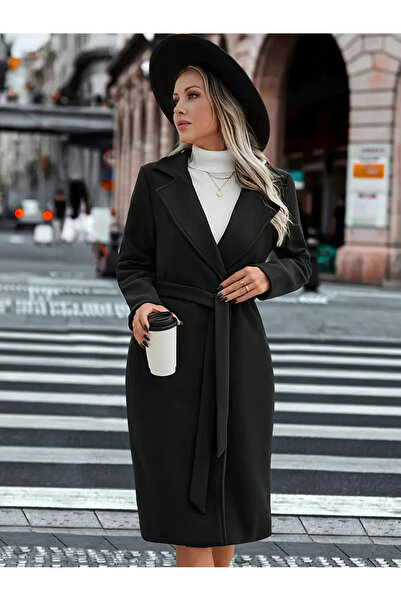 Kübra Boutique Siyah Kuşaklı Cep Detaylı Uzun Kaşe Kaban