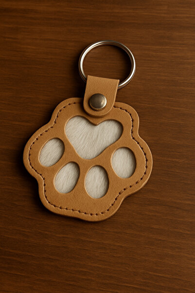 GECEDENİZ Paw Model Pet Hair Filled Leather Keychain Accessory Gift Souvenir Light Brown