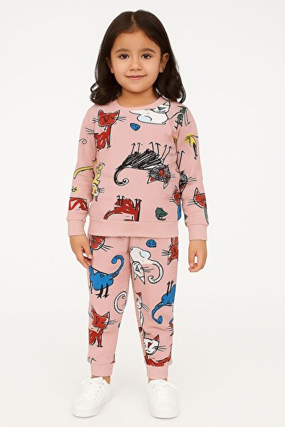 Kidora Kids Girl's Cotton Powder Color Kitten Patterned Seasonal Pajama Set