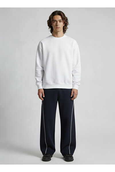 TKT Men's Navy Blue Piped Baggy Sweatpants with 2 Drawstrings Comfortable Fit Wide Leg