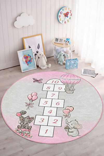 Realhomes Pembe Zeminli Fil ve Balon Desenli Yıkanabilir Yuvarlak Çocuk Odası...